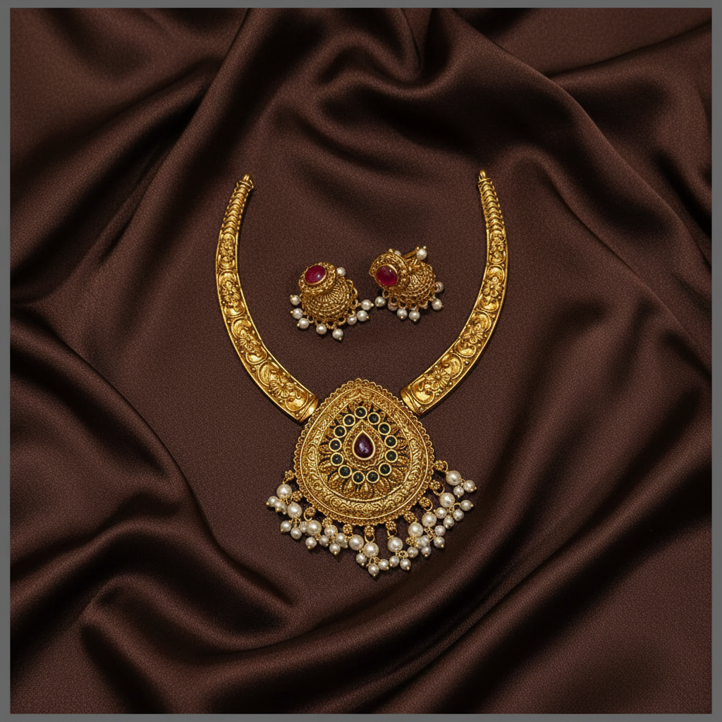 Antic Kante Necklace with Beautiful Ruby and Emerald Pendant in Nakshi - NN00757