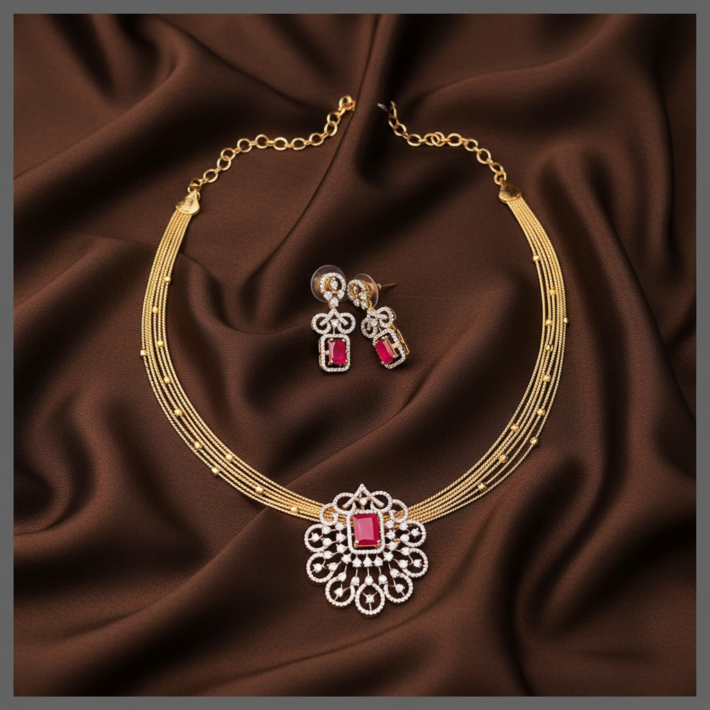 Invisible Multi Layer Choker With Diamond Pendant - Dn0068
