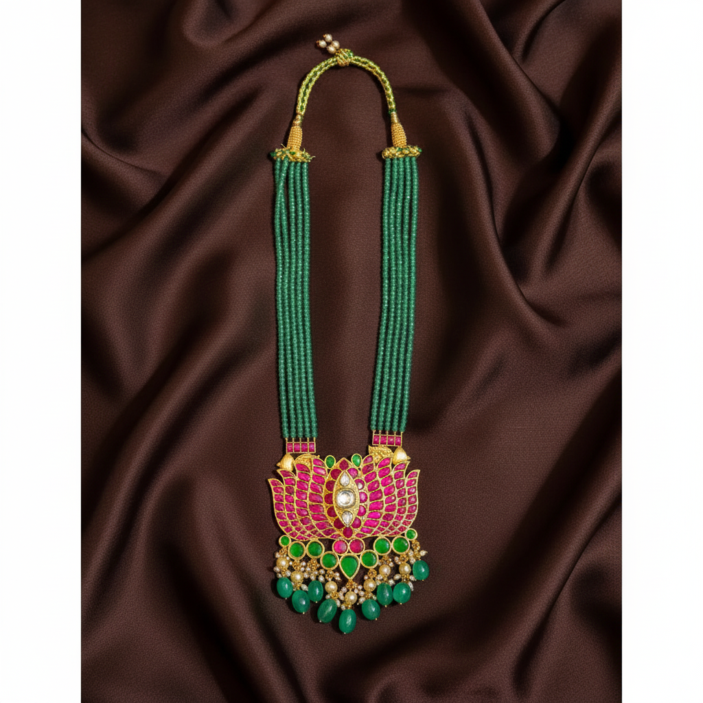 Beautiful Jadau Lotus Pendant With Emerald Crystals - PB00590