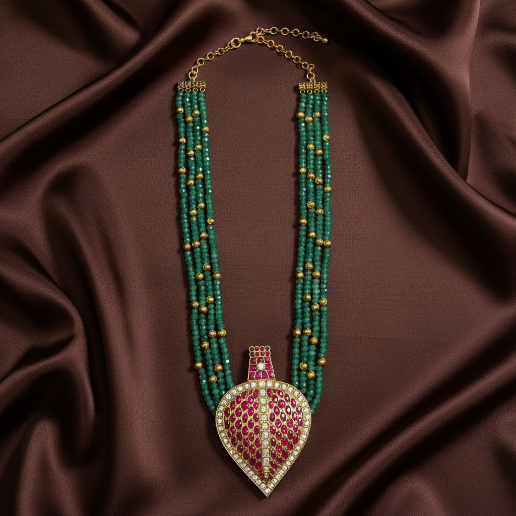 Vintage Model Jadau Pendant with Green Beads - PB00587