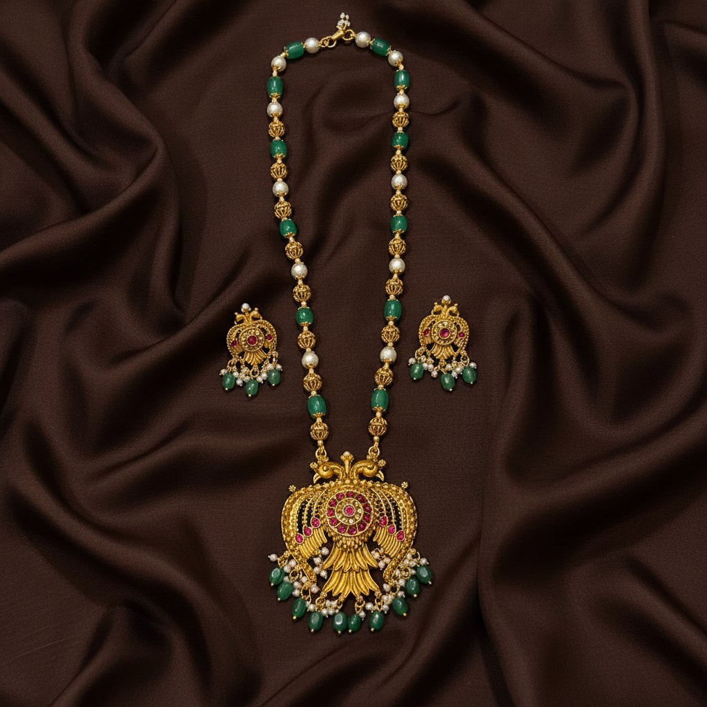 Emerald Beads And Pearl Haram With Gandaberunda Pendant - PB00591