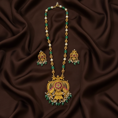 Emerald Beads And Pearl Haram With Gandaberunda Pendant - PB00591