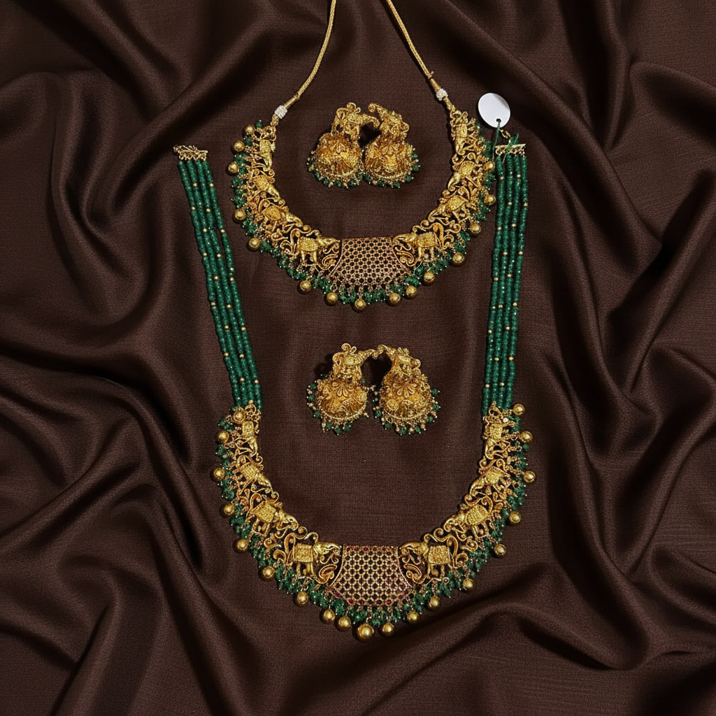 Gold Polish Bridals With Big Jhumkis amd Emerald Beads Haram - BR0038
