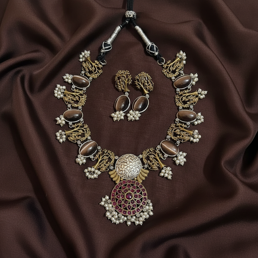 German Silver Nakshi necklace With Kempu Pendant and earrings - NN00989