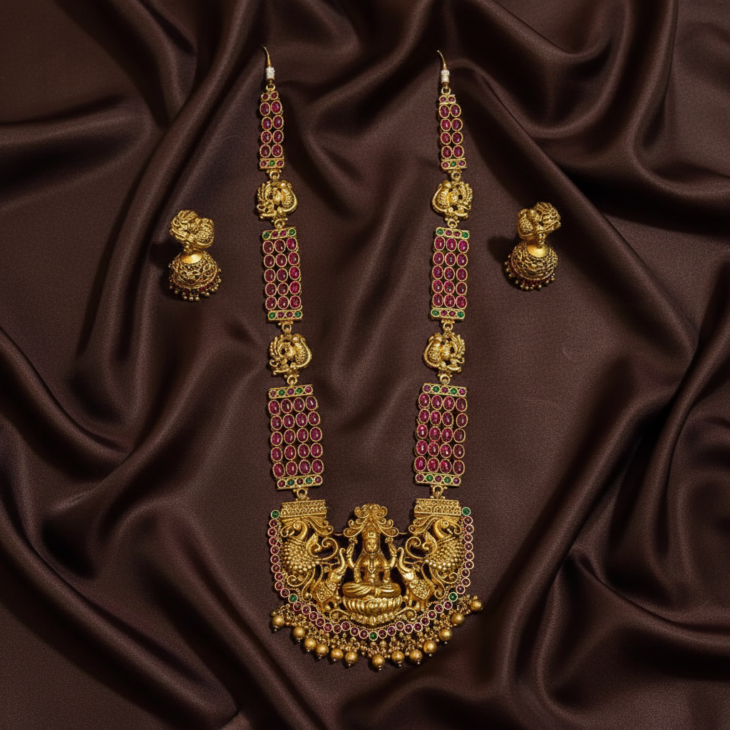 Kempu Long Lakshmi Haram With Jhumkis - NH00184