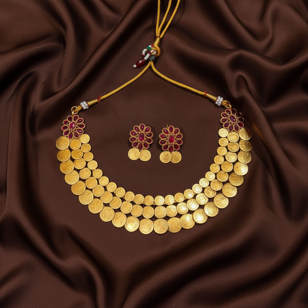 Double Step Kaasu Necklace with Kempu Stone - NN0020