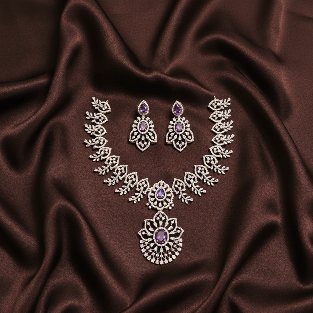 Beautiful Rich  Leaf Design White Stone with Purple Stone Necklace in Diamond - DN0057