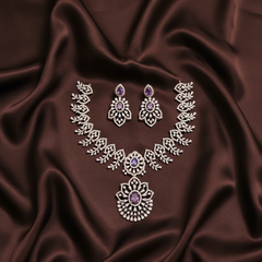 Beautiful Rich  Leaf Design White Stone with Purple Stone Necklace in Diamond - DN0057