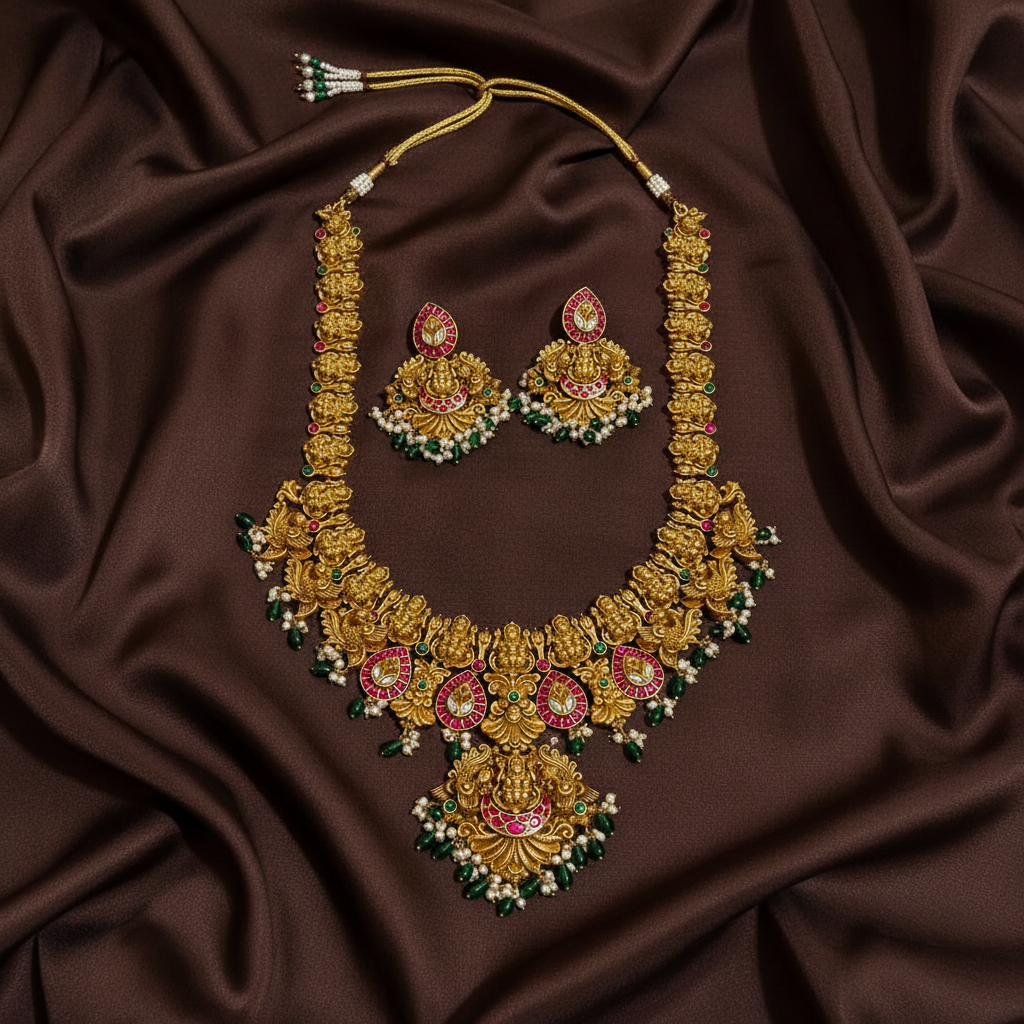 Long Nakshi Lakshmi Haram with Jadau Stone and earrings - KH00104