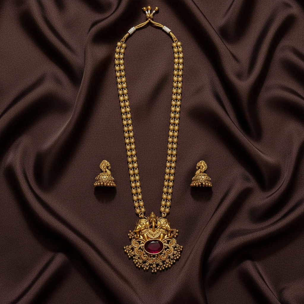 Antique Finish Ganesha Pendant long chain With Jhumkis - NH00206