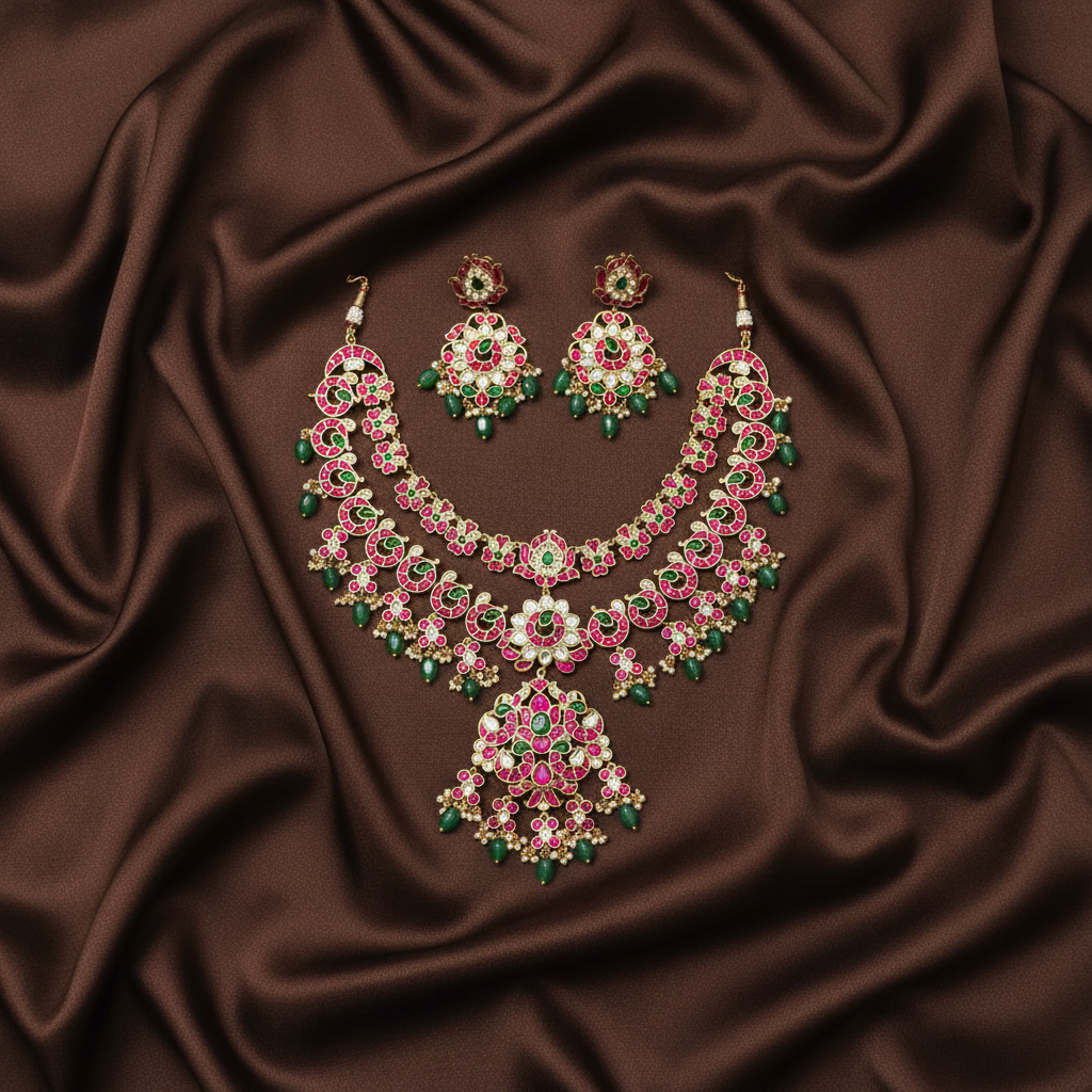 Double Layer Jadau necklace With Screw Back Earrings - Kn00652