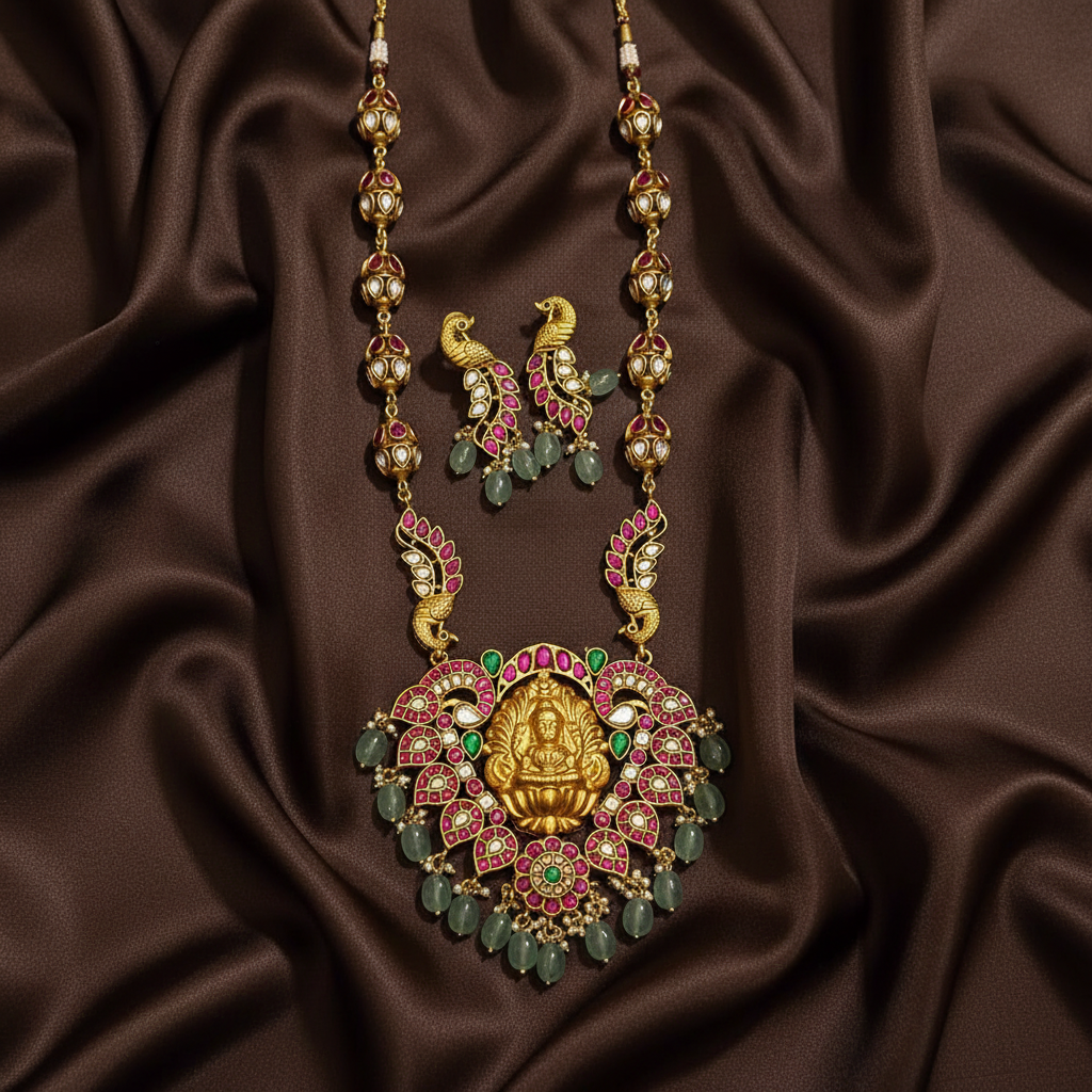 Jadau Lakshmi Pendant With Peacocok And Flower Chain - KH00361