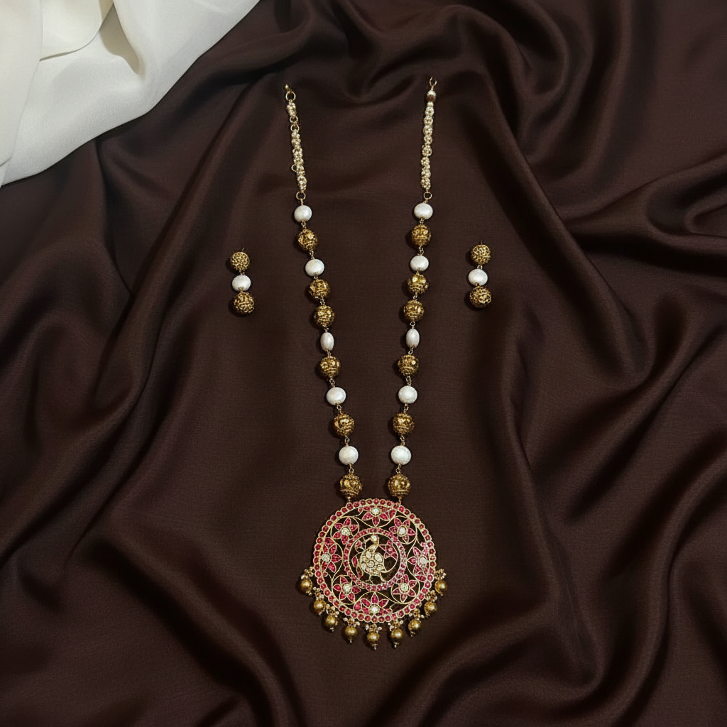 Jadau Ruby Big Pendant With Pearl And Nakshi Ball Chain With Earrings - PB00612