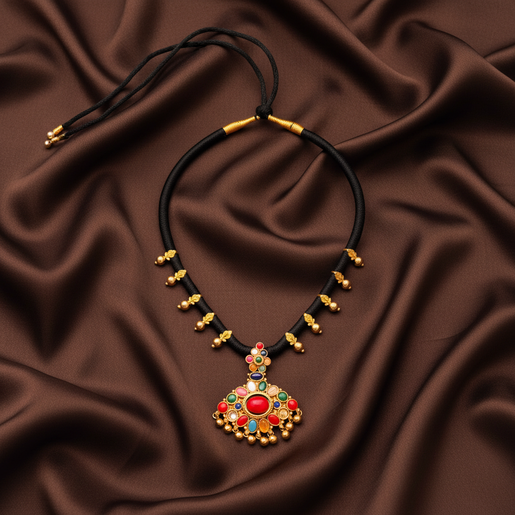 Black Dori Necklace With Navratna Pendant - BD00145