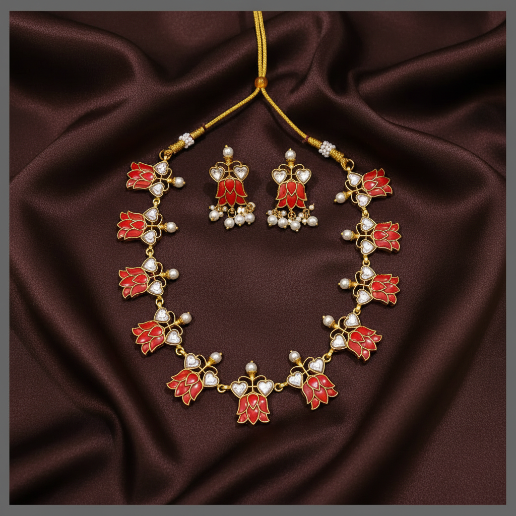 Beautiful Coral Lotus Necklace In Kundan - KN00446