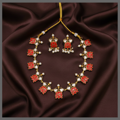 Beautiful Coral Lotus Necklace In Kundan - KN00446