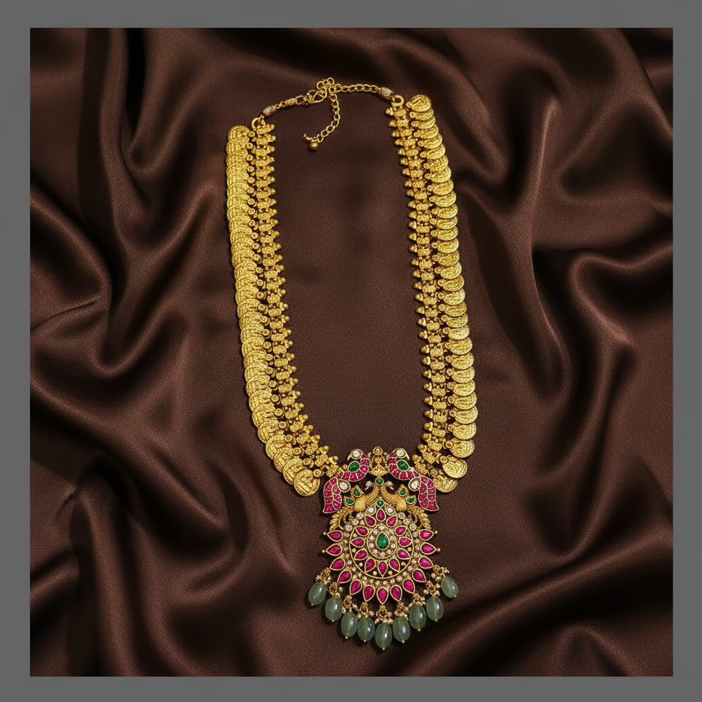Kaasu mala with Ruby Peacock & Lakshmi pendent in Kundan - KH00161
