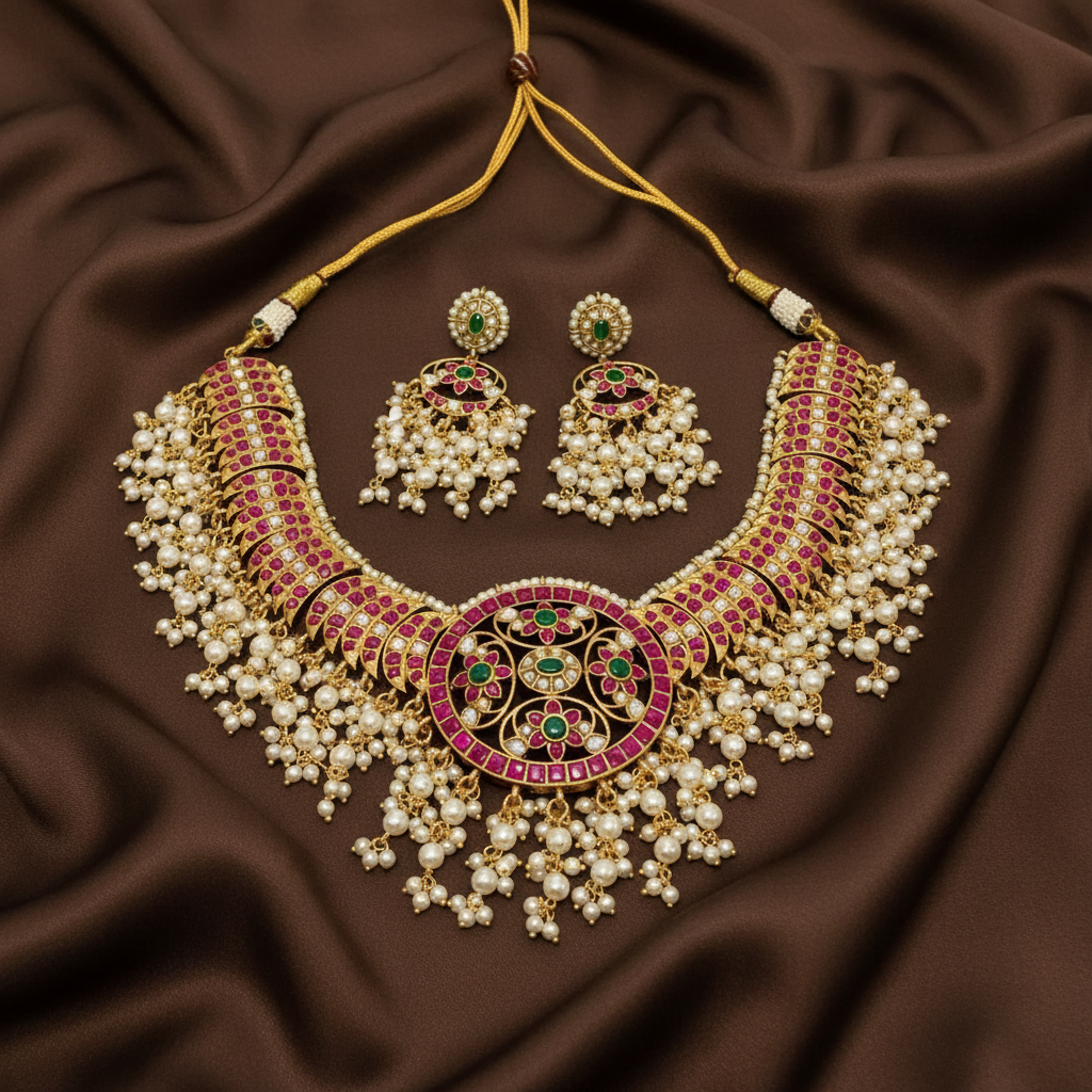 Jadau Replica Necklace In Pota Stones With Pearls And Earrings - KN00628