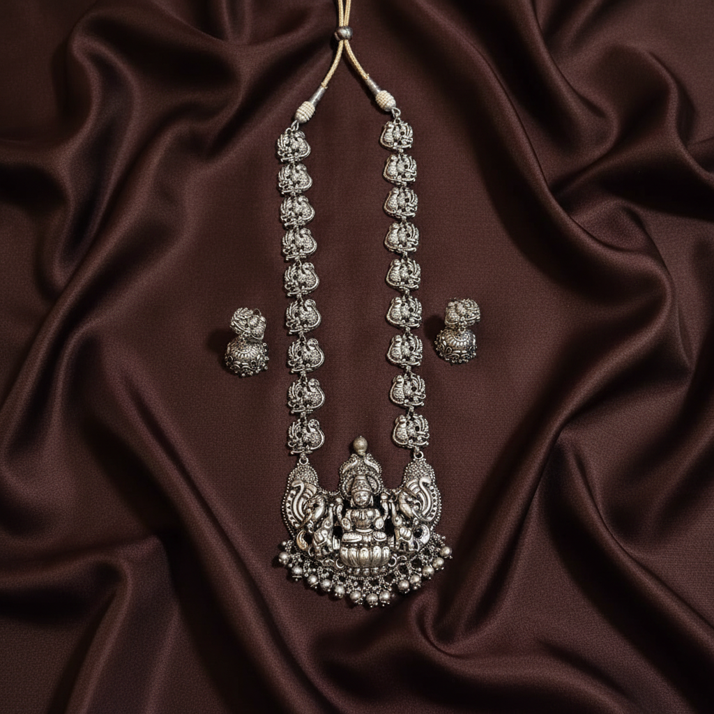 Silver Polish Lakshmi Nakshi Long Haram- NH00185