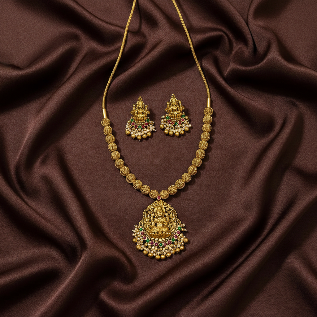 Nakshi lakshmi Pumpkin Pattern Gold Beads With Earrings - NN00947
