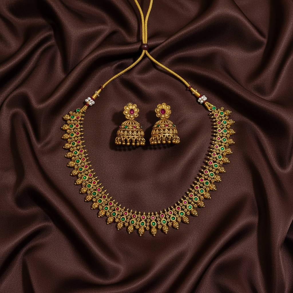 Nakshi Traditional Necklace with Kempu Stones - NN00958