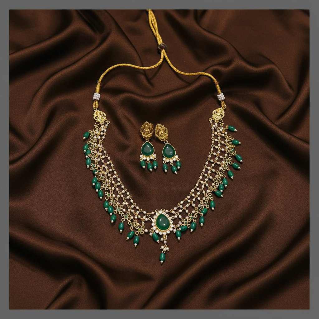 Beautiful Emerald Pearl Necklace In Kundan - KN00415
