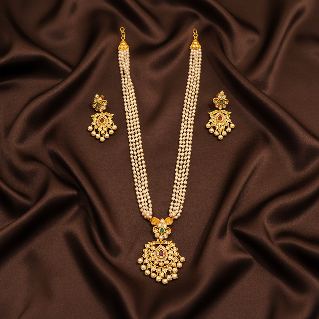 White Pearl Haram With Pendant and Earrings - PB00539