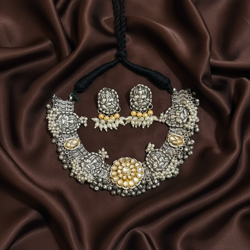 German Silver Necklace With Jadau Pendant and Rice PEarls - NN00990