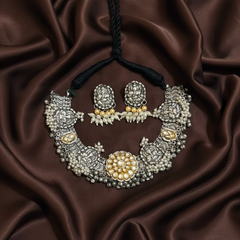 German Silver Necklace With Jadau Pendant and Rice PEarls - NN00990
