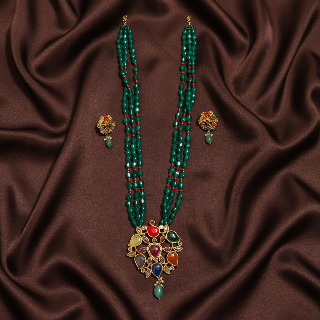 Emerald Monalisa Beads With Navarathna Pendant and Earrings - PB00610