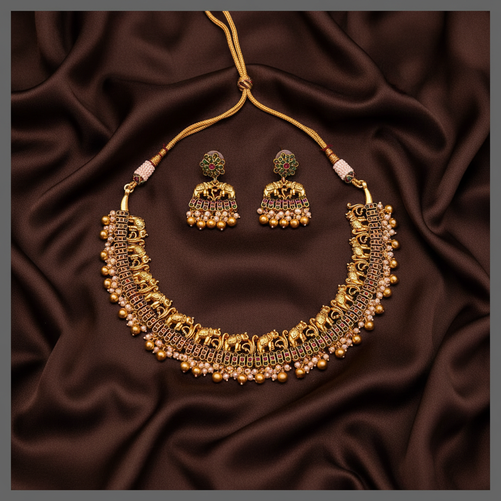 Elephant Necklace With pearls In Nakshi - NN00832