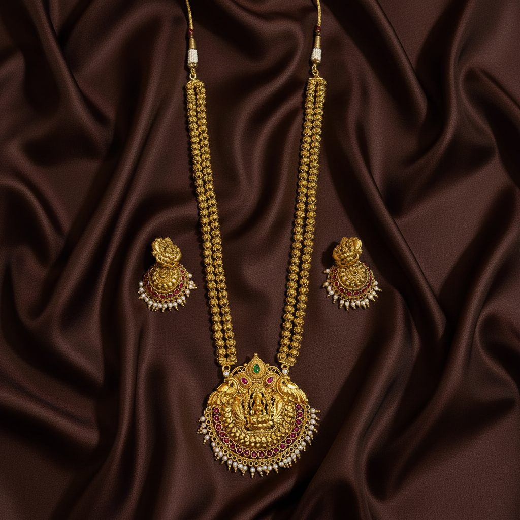Double Chain Lakshmi Pendant With Beautiful Jhumki - NH00139