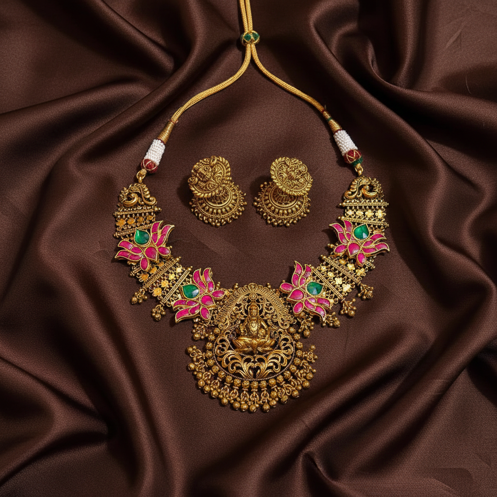 Dark Gheru Polish Lakshmi Necklace With Jadau Pendants and Packings - KN00678