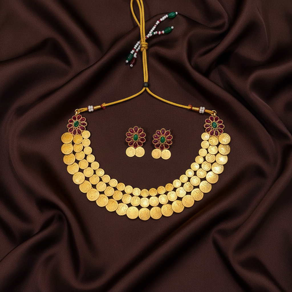 Double Step Kaasu Necklace with Kempu Stone - NN0020