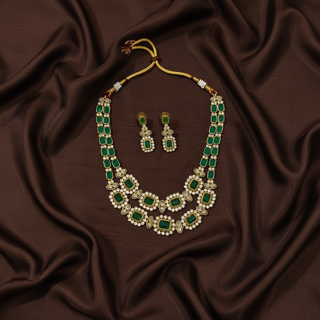 Silver Replica Emerald Stone 2 Layer Set - NN00944