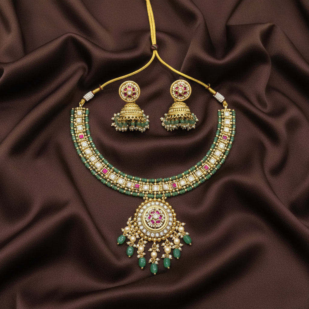 Jadau Pearl Necklace With Moo Pendant - KN00588