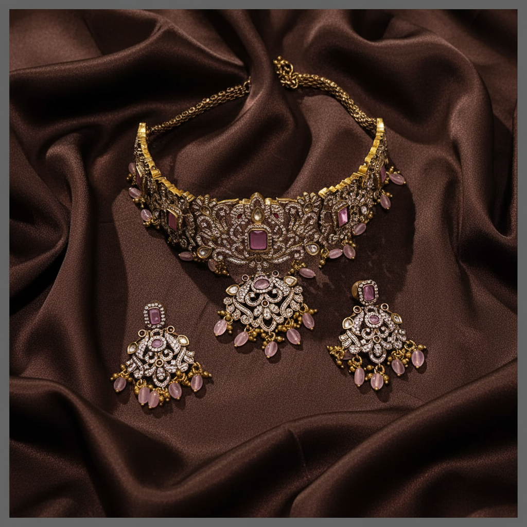 Beautiful Pink Chokar Necklace in Victorian - VN00151
