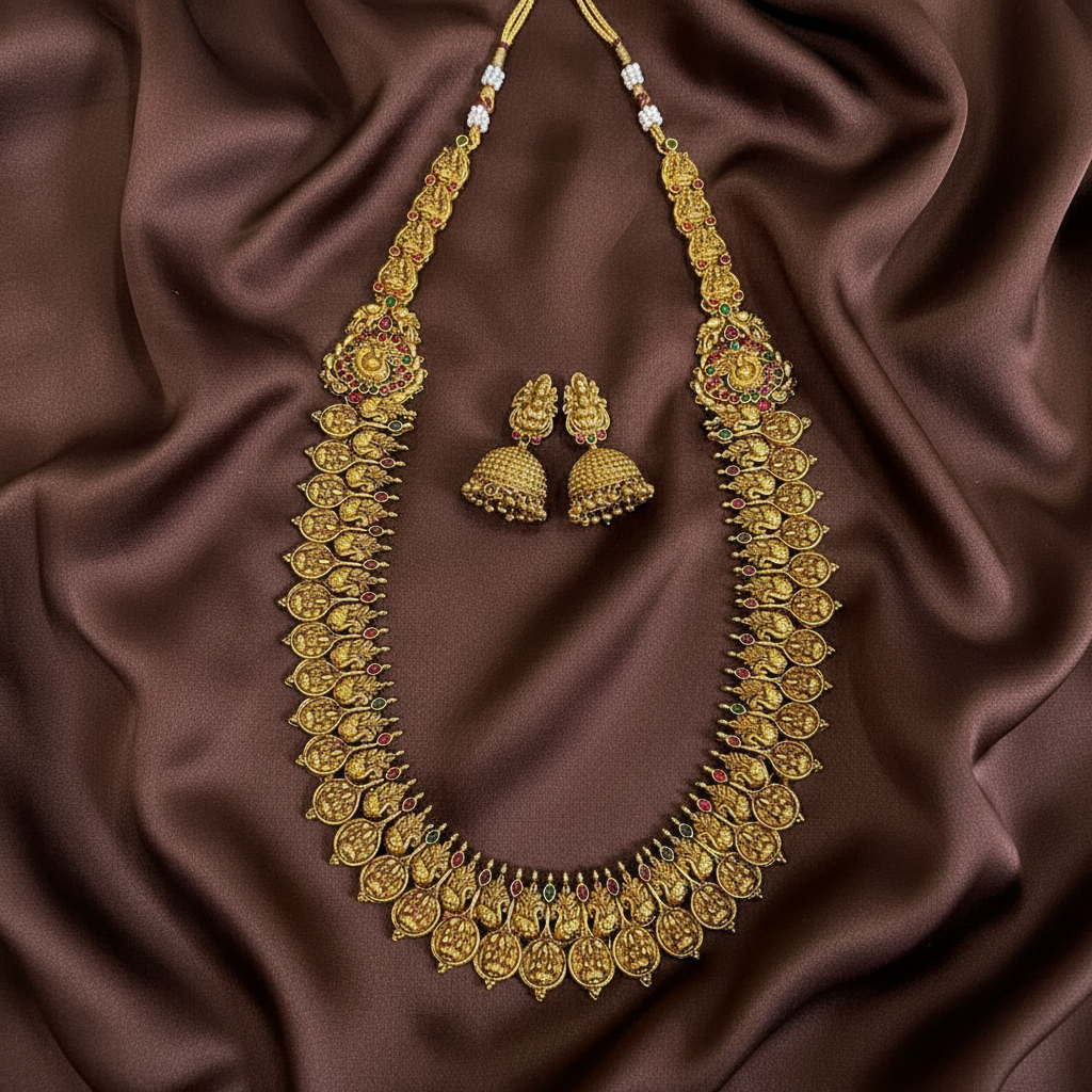 Antique Polish Long Kaasu haram With Jhumki-  NH00371