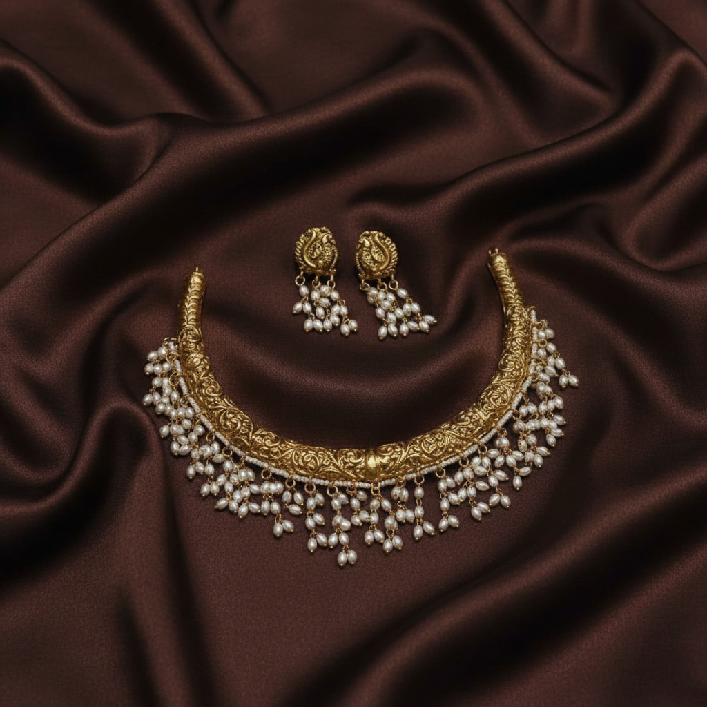 Antic Kante with Rice Pearl Nakshi Necklace with Earring - NN0099