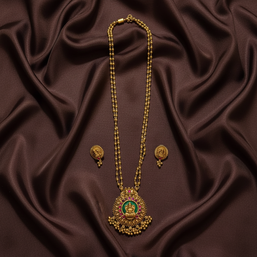 Round Small Ball Chain WIth Lakshmi Pendant in Green Stone - NH00495