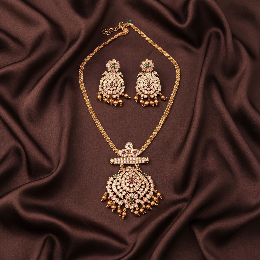 Nanu Chain Necklace With Peacock Stone Pendant and Earrings - NN00823