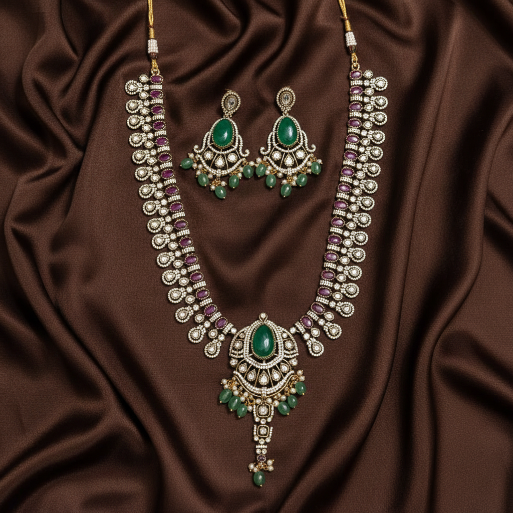 Victorian Mid Length Haram With Emerald Stone - VH0061