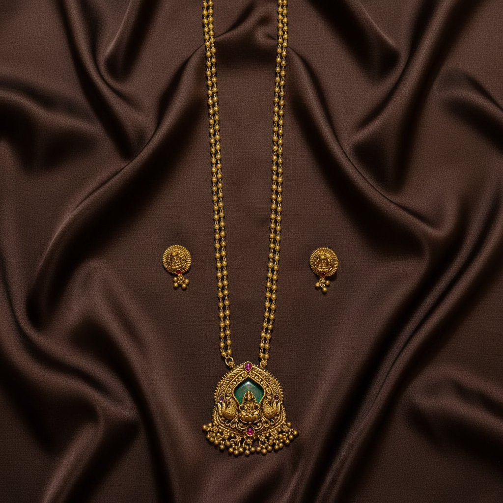 Round Small Ball Chain WIth Lakshmi Pendant in Green Stone - NH00495