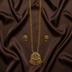 Round Small Ball Chain WIth Lakshmi Pendant in Green Stone - NH00495
