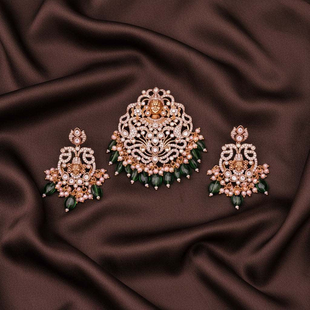 Beautiful Stone Lord Balaji Pendant With Earrings - NP0095