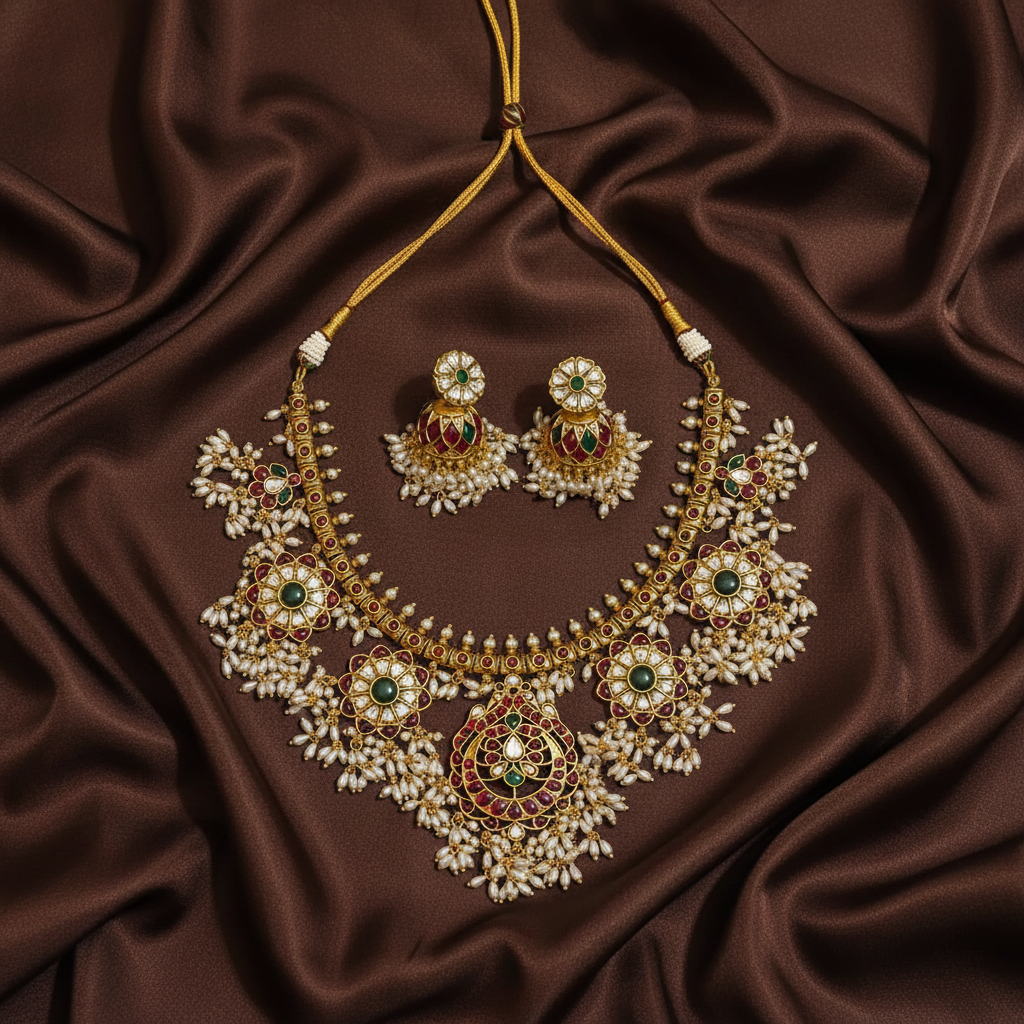 Kempu Guttipusalu Neckalce With Grand Jhumki - NN00980