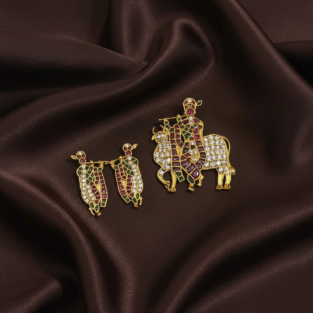 Kempu Stone Krishna Pendant With Earrings - NP00110