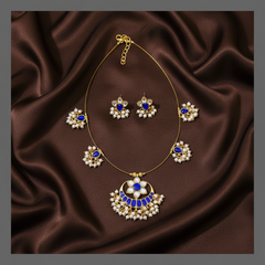 Big Dark Blue Chand Bail Necklace in Kundan - KN00216