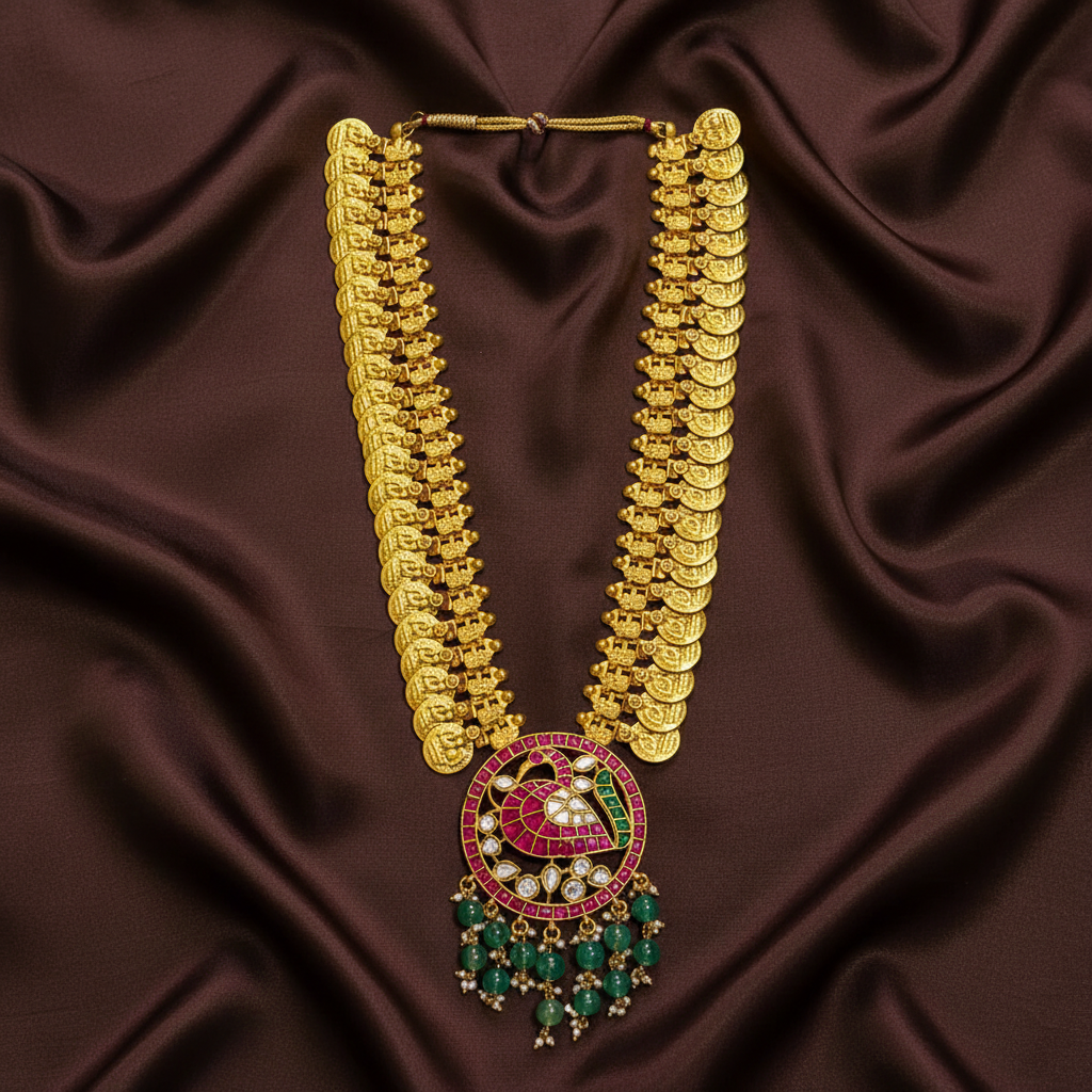 Beautiful Kaasu Haram With A Stunning Kundan Peacock Pendant – KN00553
