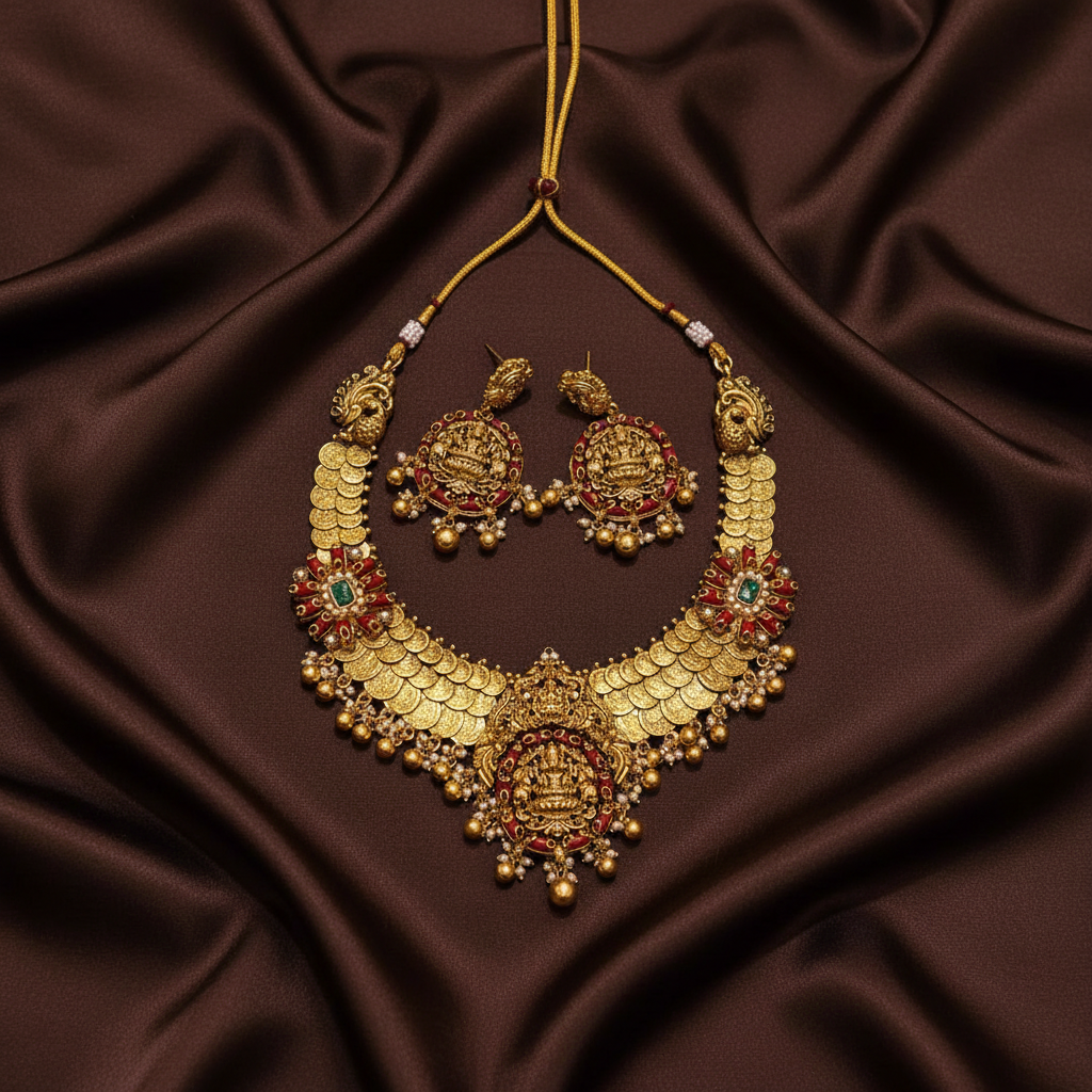 3 Layer Kassu Necklace with Lakshmi Pendant and Flower Side Pendant in Nakshi -NN00644